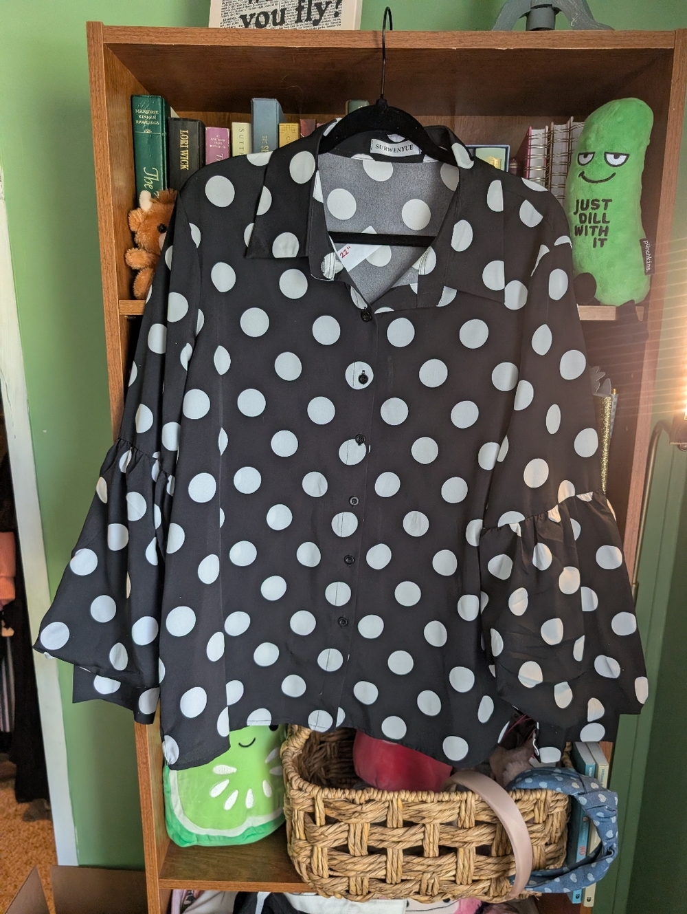 Polka Dot Button-Up Ruffle Sleeve Top - Black/White